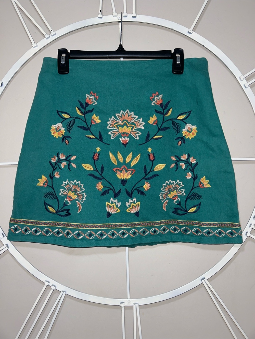 Francesca’s Miami Teal Mini Skirt with Multicolor Floral Embroidery